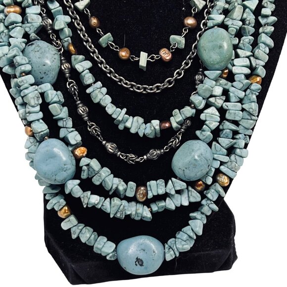 Vintage Chicos Faux Turquoise And Silver Tone 7 Strand Bib Necklace (5445) - Picture 3 of 7